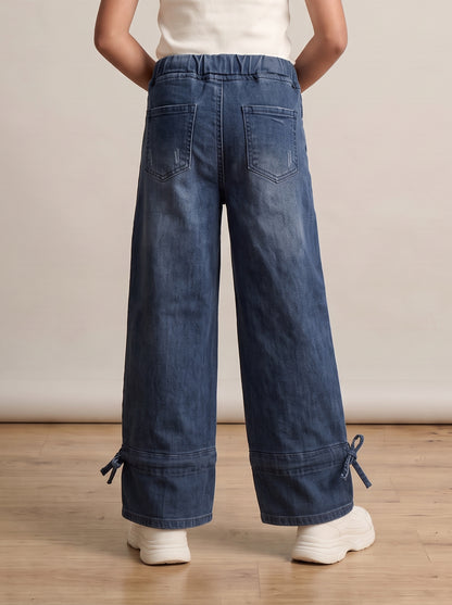 Girls Dark Blue Washed Denim Wide Leg Jeans