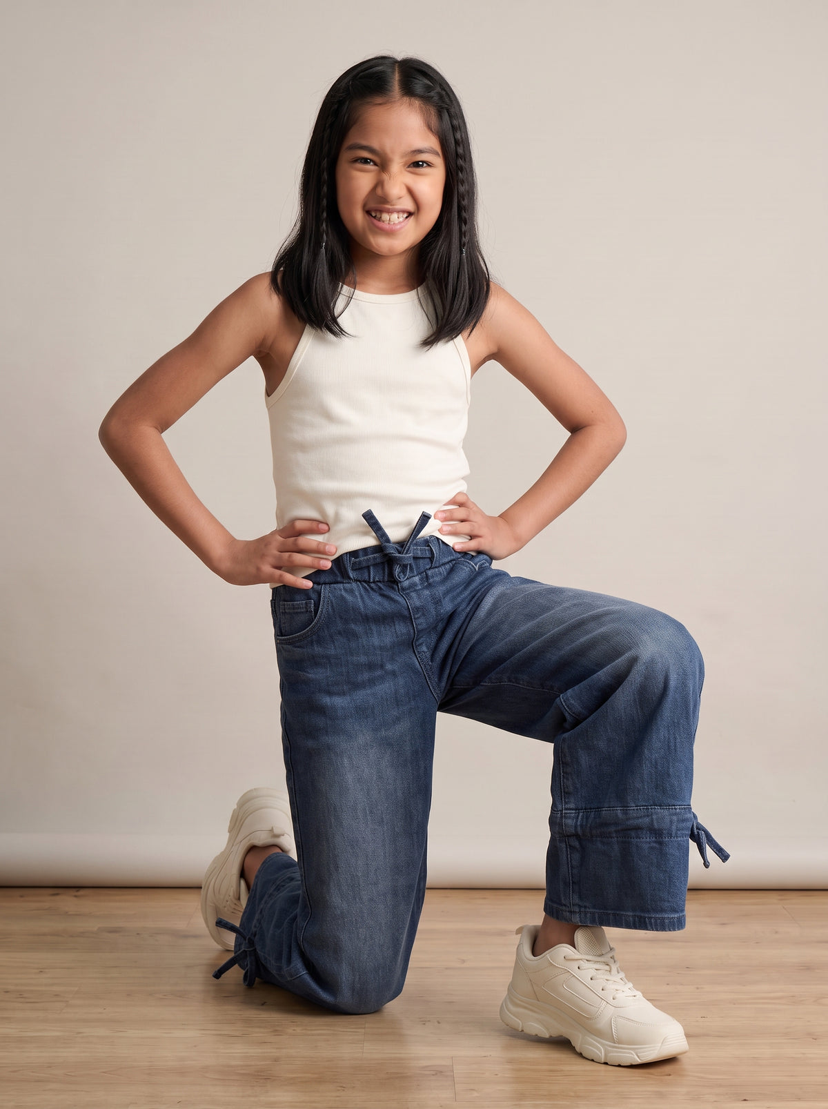 Girls Dark Blue Washed Denim Wide Leg Jeans