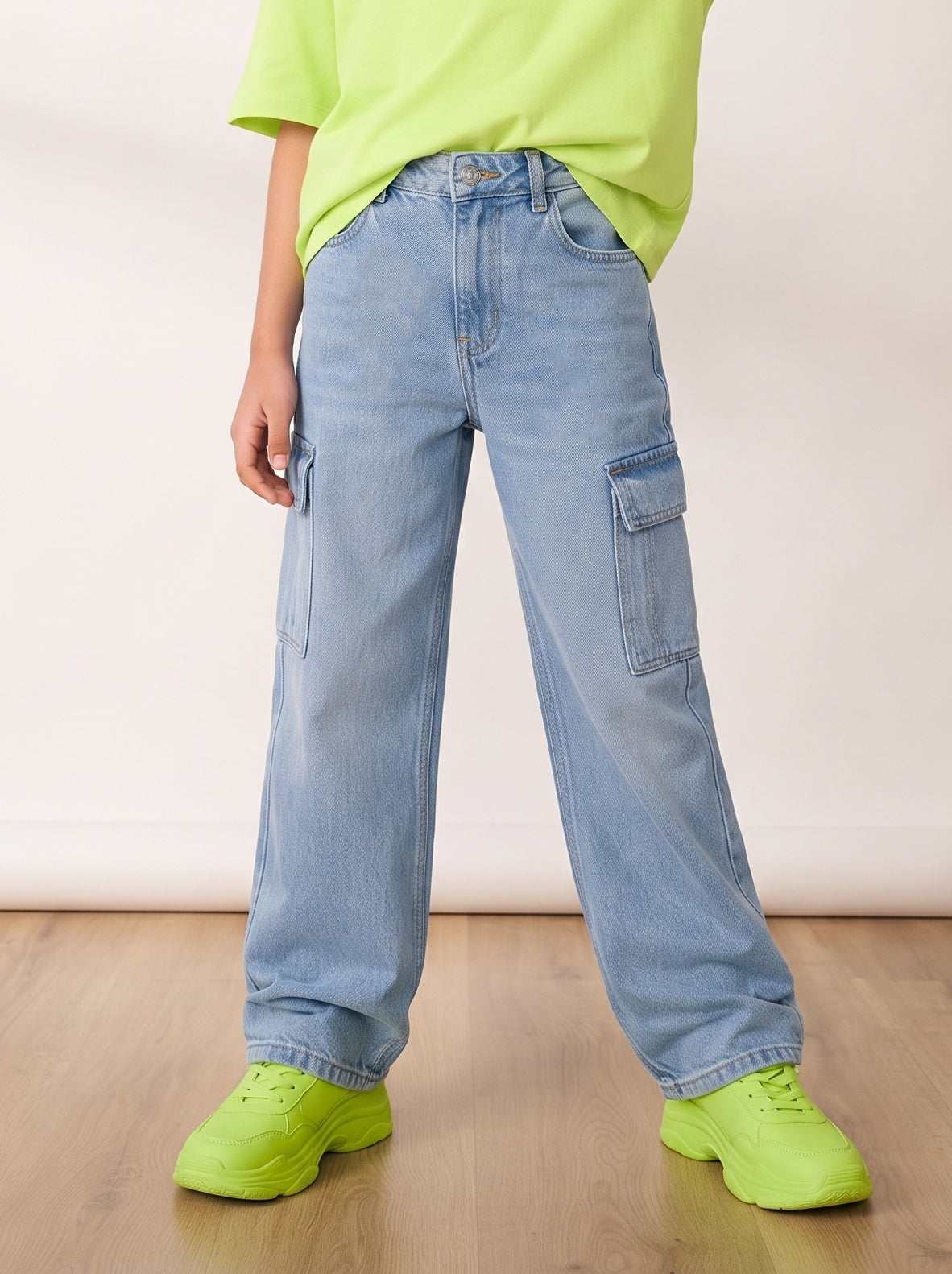 Girls & Boys Unisex Kids Light Blue Washed Cargo Jeans