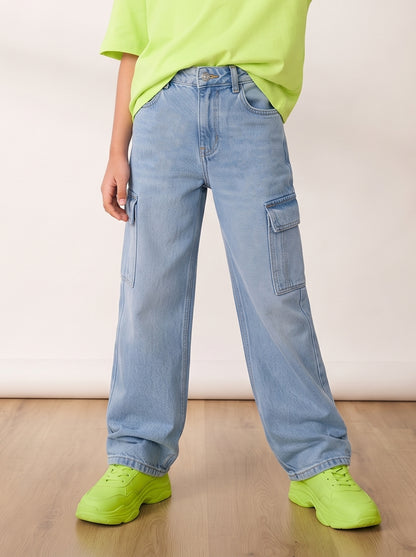 Girls & Boys Unisex Kids Light Blue Washed Cargo Jeans