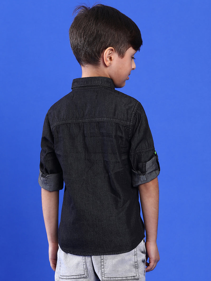 Boys Solid Black Cotton Regular Fit Full Sleeve Shirt