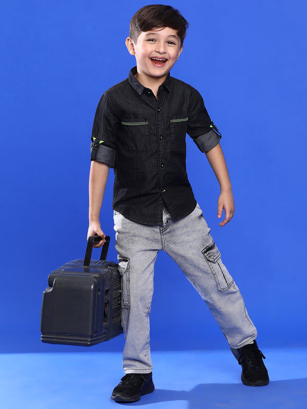 Boys Solid Black Cotton Regular Fit Full Sleeve Shirt