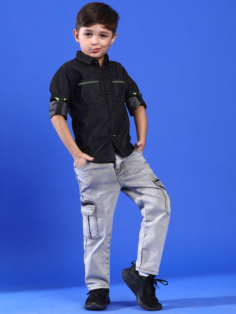 Boys Solid Black Cotton Regular Fit Full Sleeve Shirt