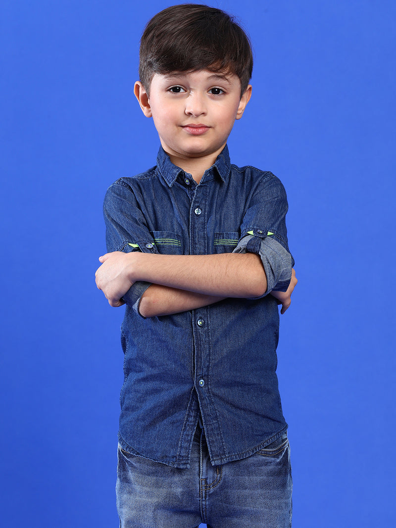 Boys Solid Dark Blue Cotton Regular Fit Full Sleeve Shirt