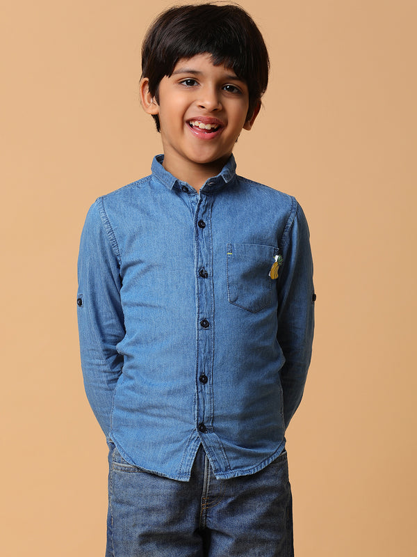 Boys Solid Light Blue Cotton Regular Fit Full Sleeve Shirt