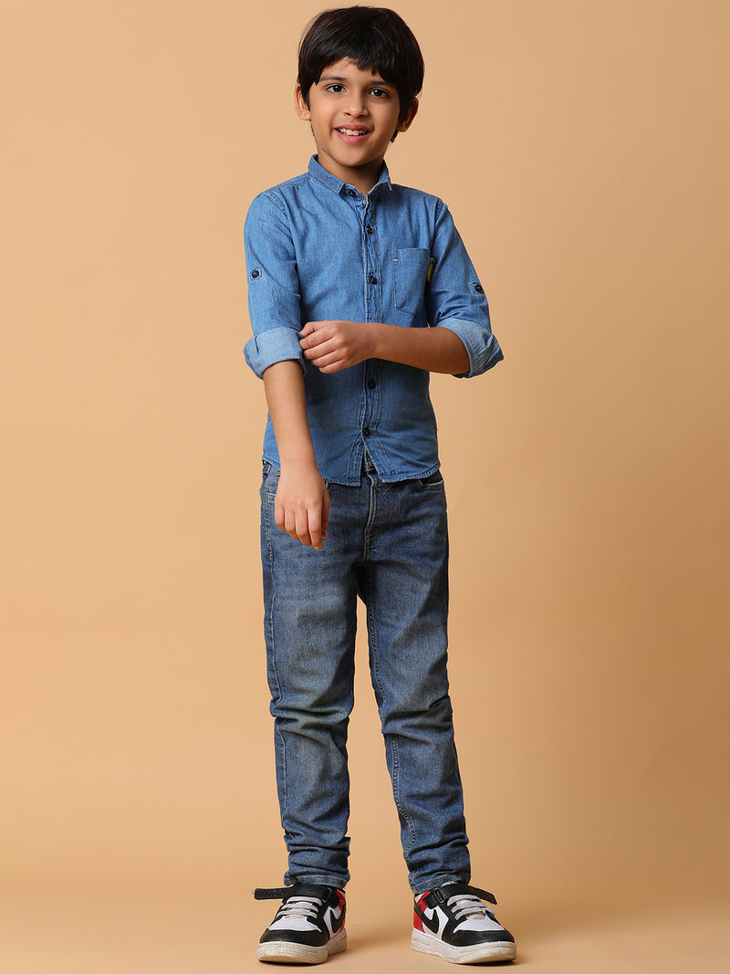 Boys Solid Light Blue Cotton Regular Fit Full Sleeve Shirt