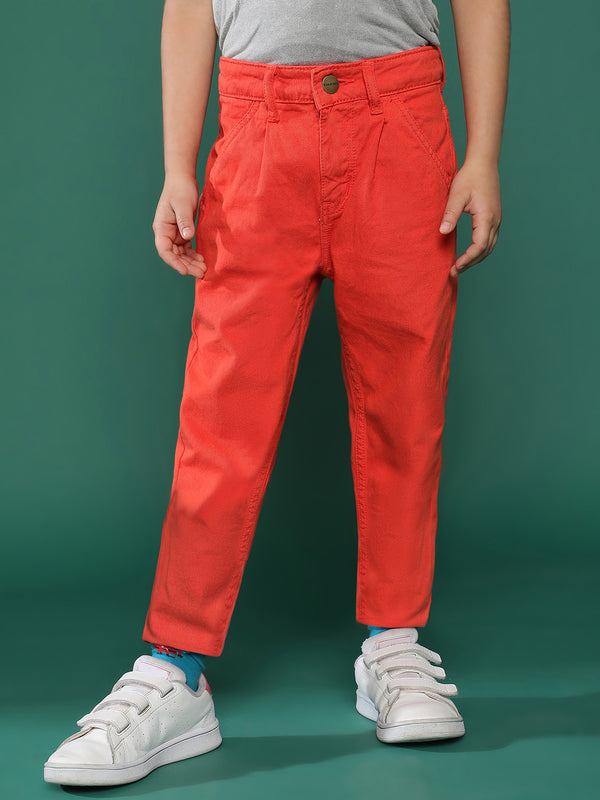 Boys Orange Solid Cotton Trouser