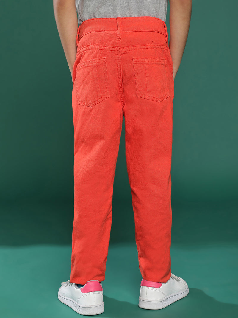 Boys Orange Solid Cotton Trouser