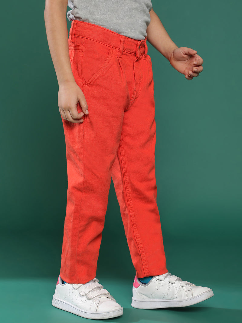 Boys Orange Solid Cotton Trouser