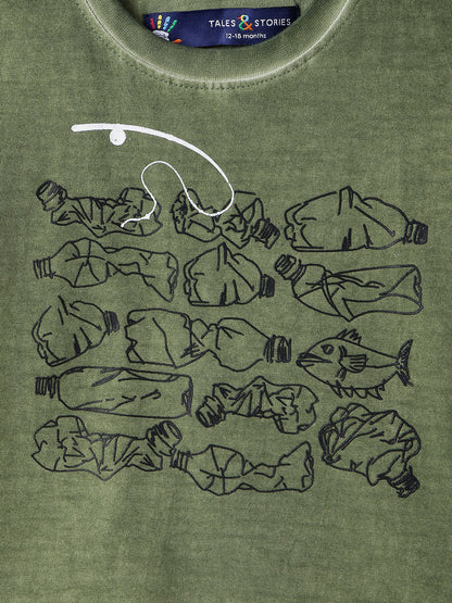 Boys Green 100% Cotton Printed T-shirt