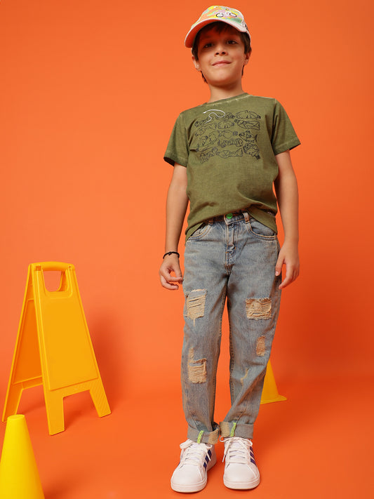 Boys Green 100% Cotton Printed T-shirt