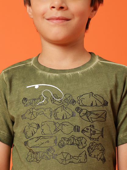 Boys Green 100% Cotton Printed T-shirt