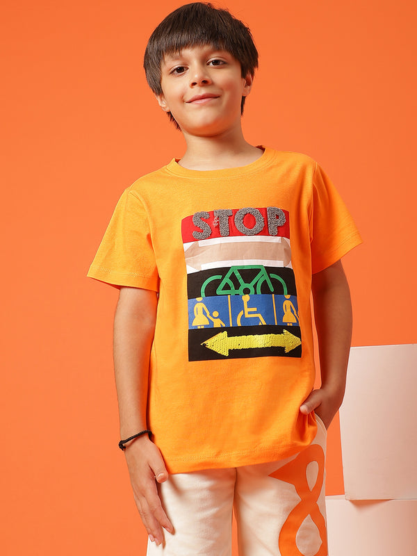 Boys Orange 100% Cotton Printed T-shirt