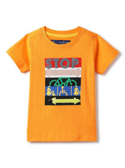 Boys Orange 100% Cotton Printed T-shirt
