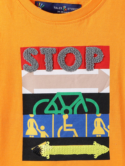 Boys Orange 100% Cotton Printed T-shirt