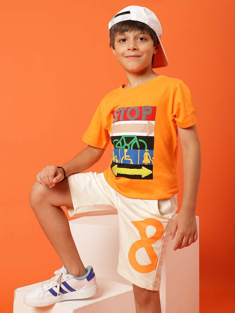 Boys Orange 100% Cotton Printed T-shirt