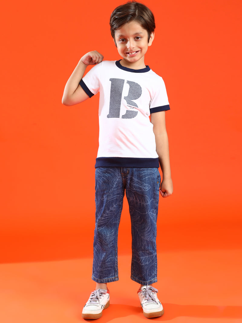 Boys White 100% Cotton Printed T-shirt