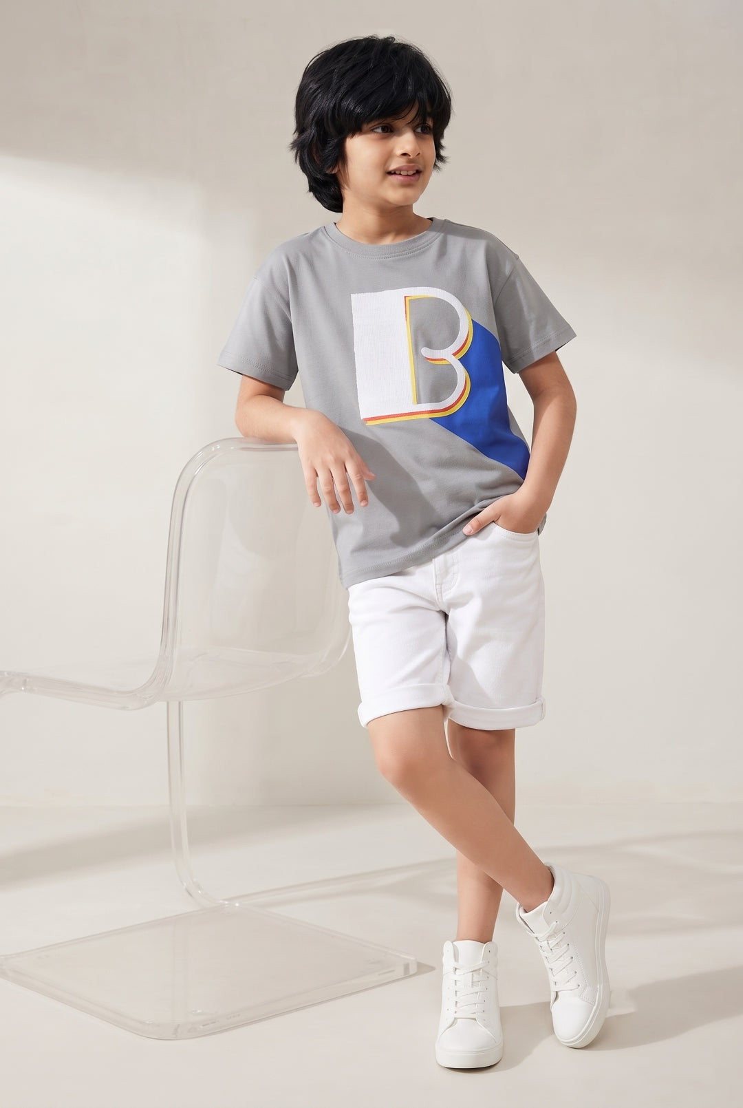 Boys Light Grey Printed Cotton T-shirt