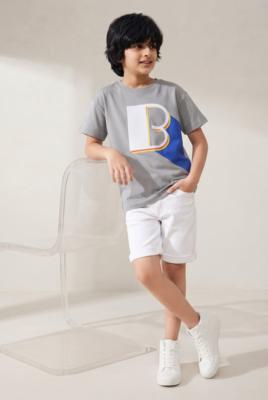 Boys Light Grey Printed Cotton T-shirt