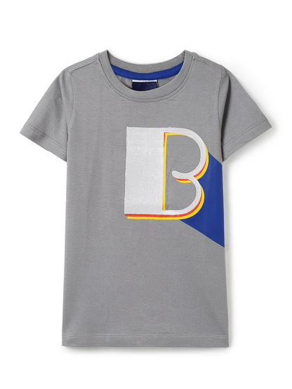 Boys Light Grey Printed Cotton T-shirt