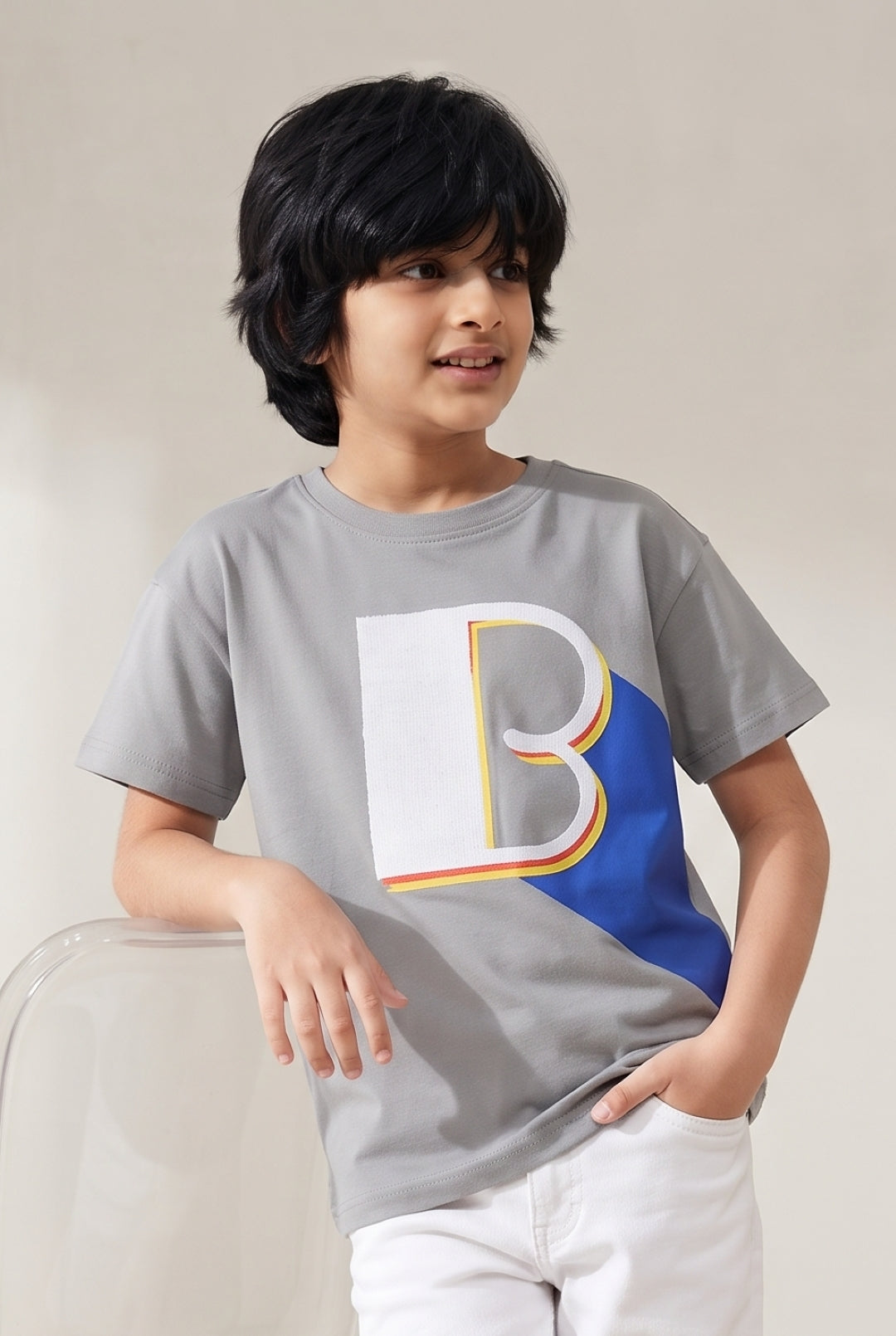 Boys Light Grey Printed Cotton T-shirt