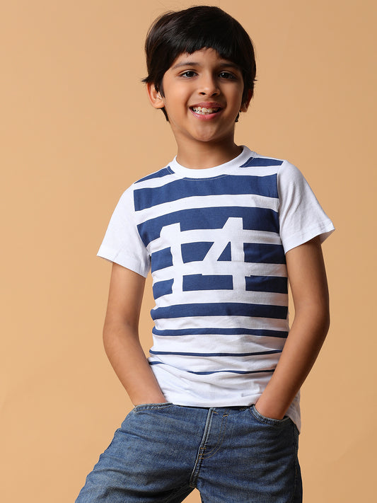 Boys White & Blue Striped Cotton T-shirt