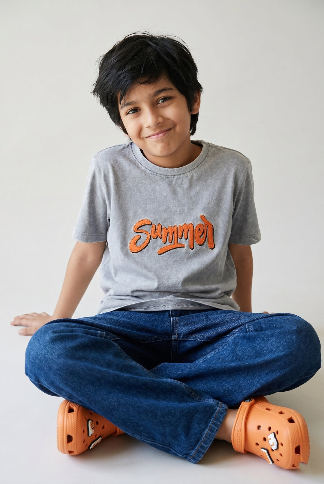 Boys Light Grey Embroidery Cotton T-shirt