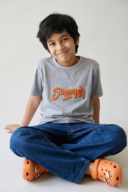 Boys Light Grey Embroidery Cotton T-shirt