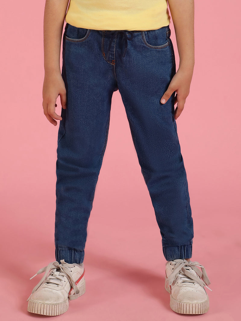 Girls Solid Blue Cotton Joggers