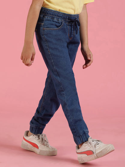 Girls Solid Blue Cotton Joggers