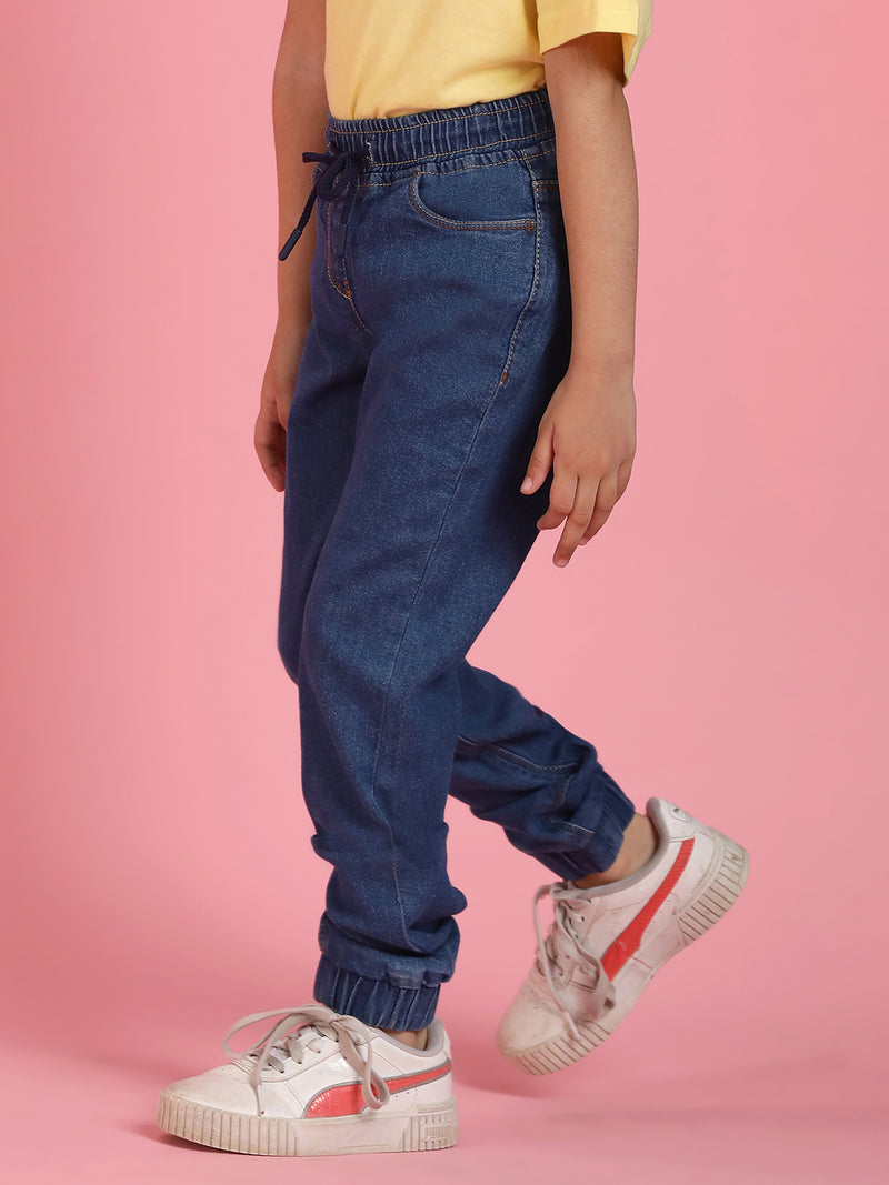 Girls Solid Blue Cotton Joggers