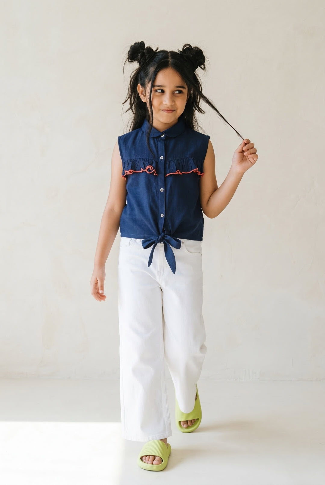 Girls Navy Blue Cotton Spread Collar Top