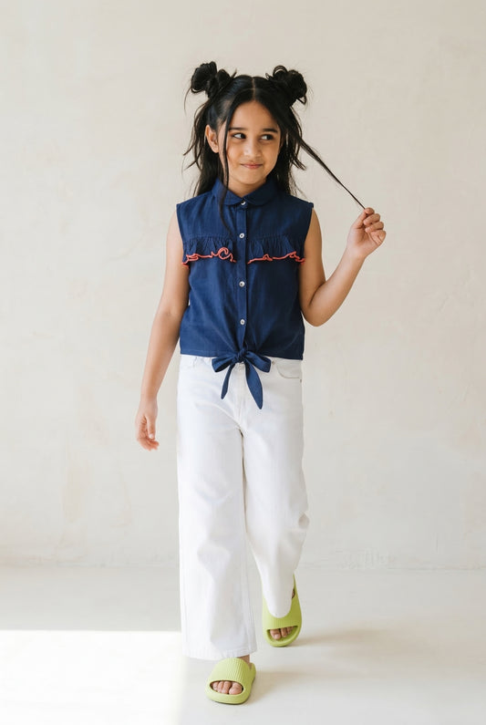 Girls Navy Blue Cotton Spread Collar Top