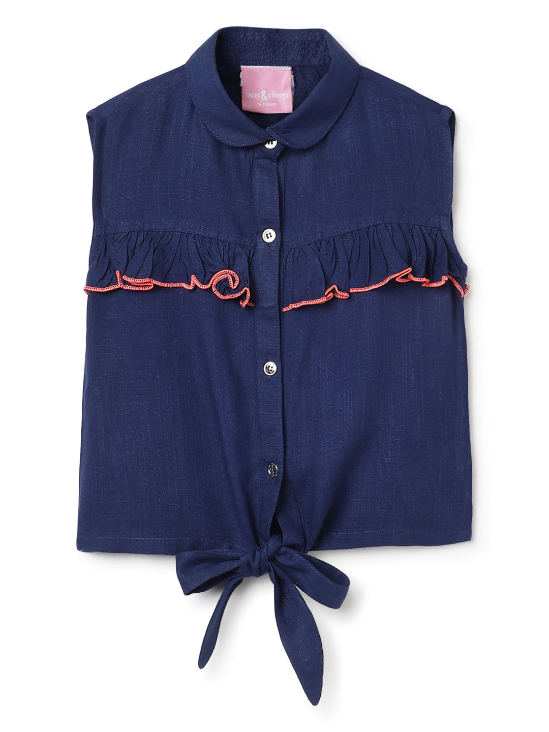 Girls Navy Blue Cotton Spread Collar Top