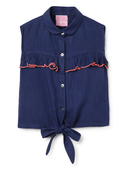 Girls Navy Blue Cotton Spread Collar Top