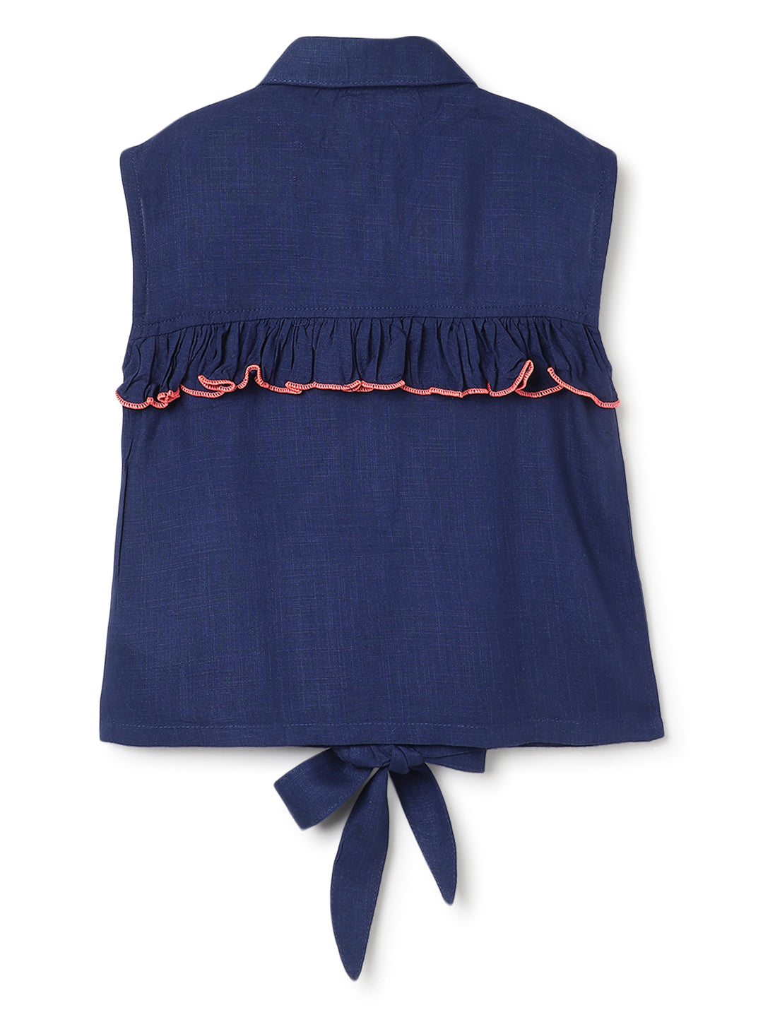 Girls Navy Blue Cotton Spread Collar Top