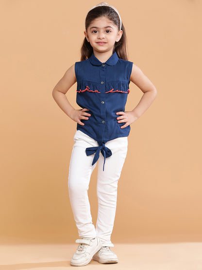 Girls Navy Blue Cotton Spread Collar Top