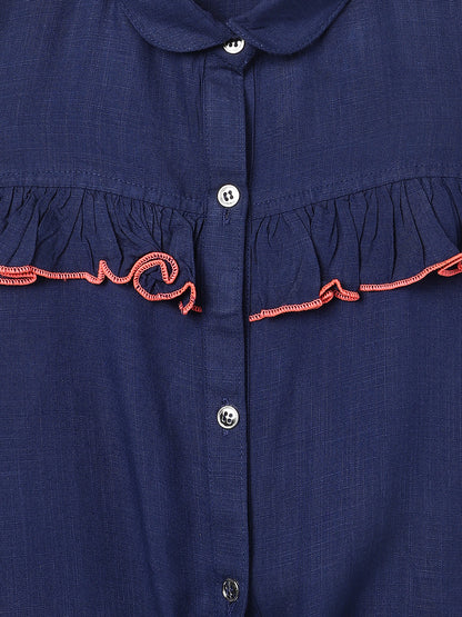 Girls Navy Blue Cotton Spread Collar Top