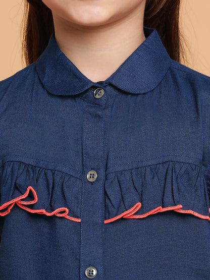 Girls Navy Blue Cotton Spread Collar Top