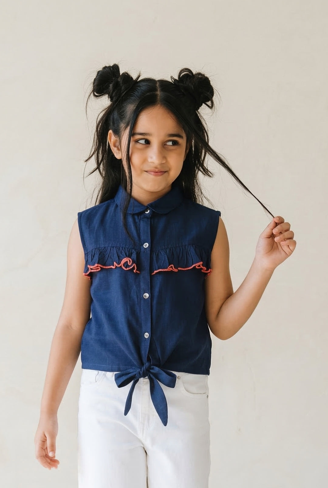 Girls Navy Blue Cotton Spread Collar Top