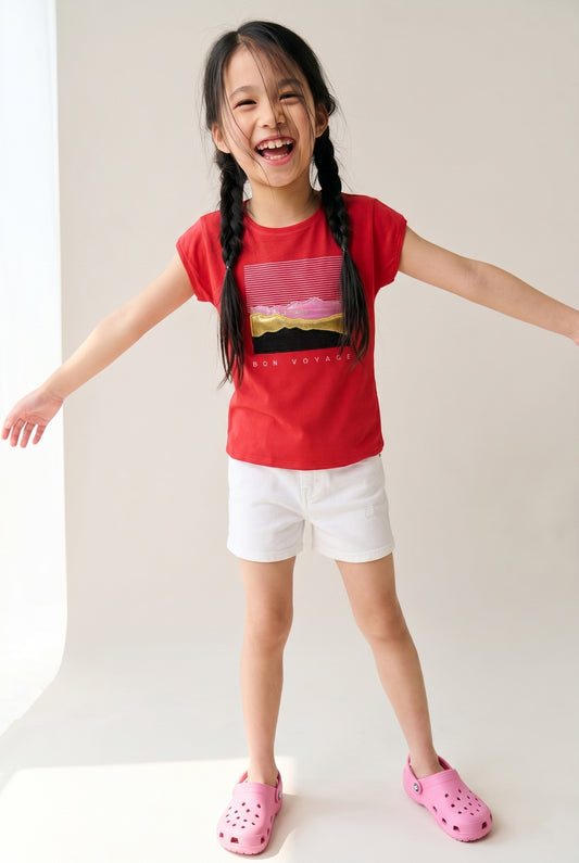 Girls Red Lycra Printed Regular Fit T-shirt