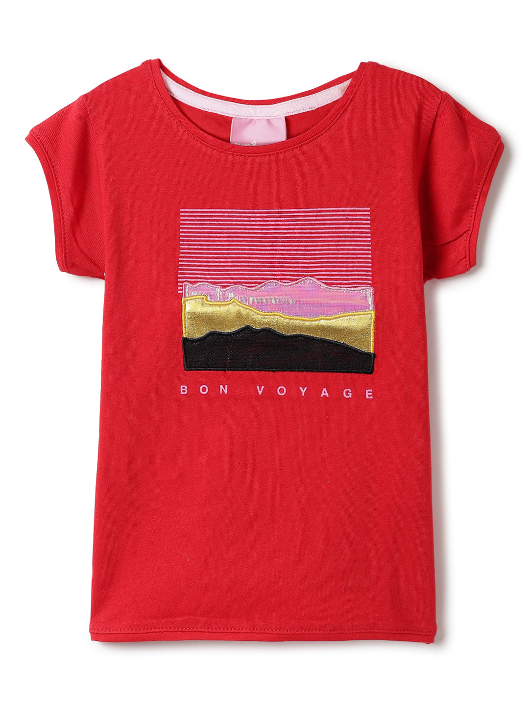 Girls Red Lycra Printed Regular Fit T-shirt