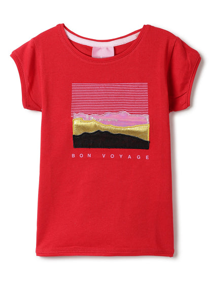 Girls Red Lycra Printed Regular Fit T-shirt