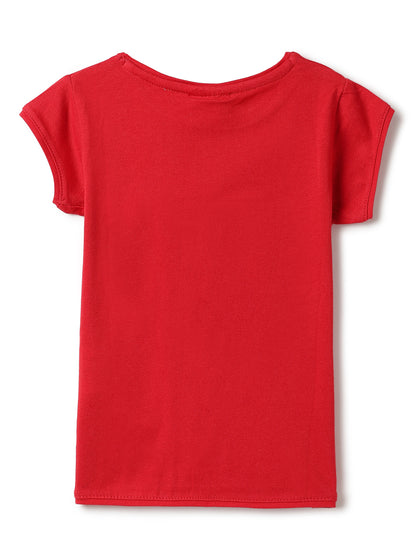 Girls Red Lycra Printed Regular Fit T-shirt