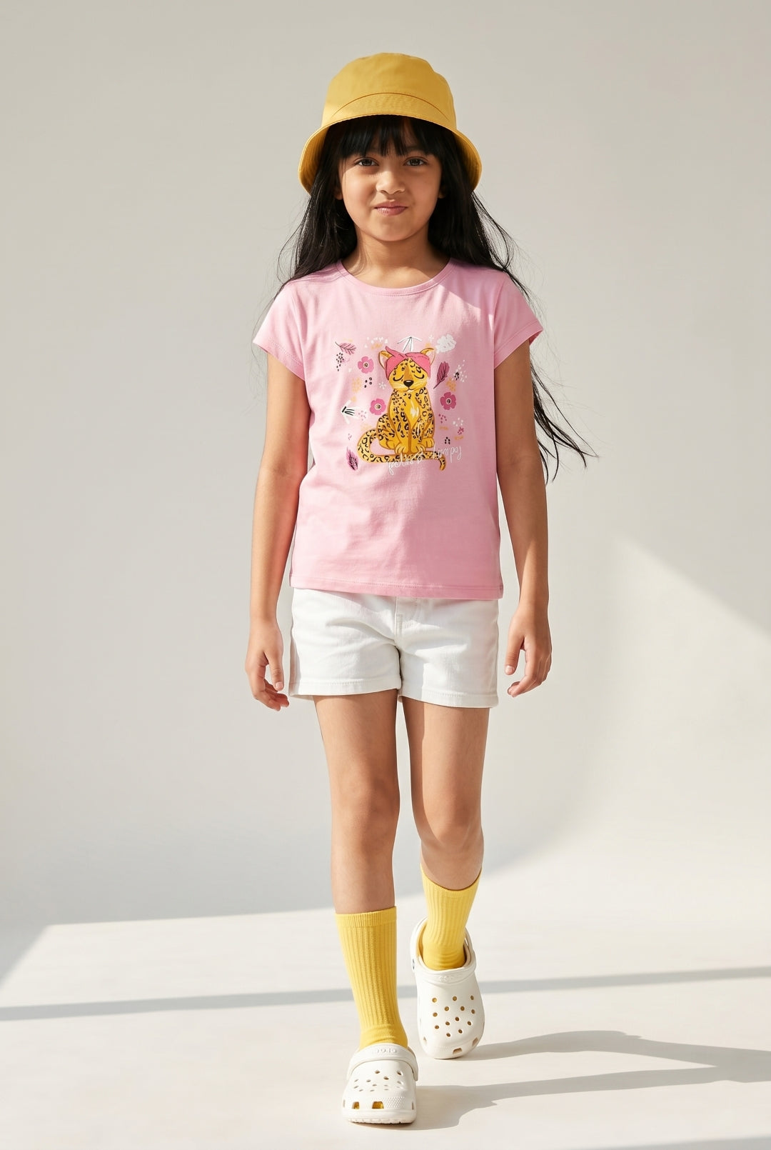 Girls Light Pink Lycra Printed Regular Fit T-shirt