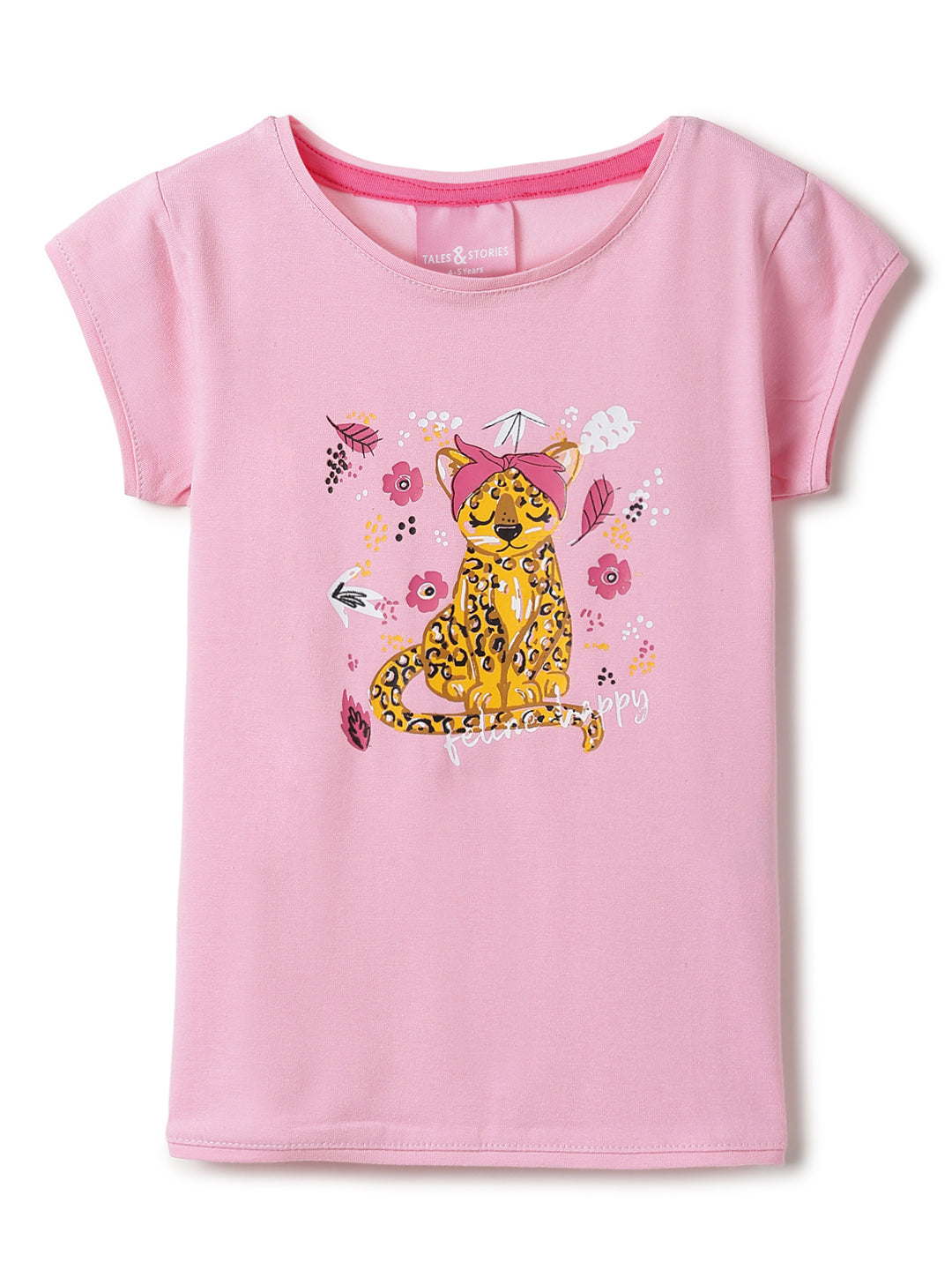Girls Light Pink Lycra Printed Regular Fit T-shirt