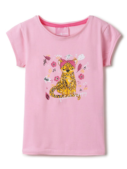 Girls Light Pink Lycra Printed Regular Fit T-shirt