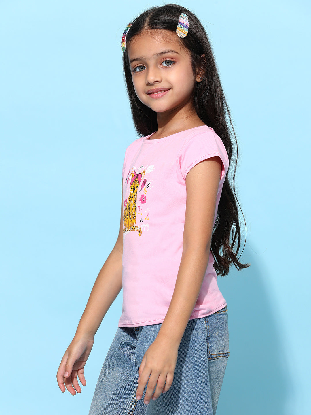 Girls Light Pink Lycra Printed Regular Fit T-shirt