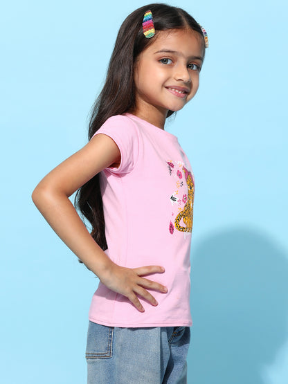 Girls Light Pink Lycra Printed Regular Fit T-shirt
