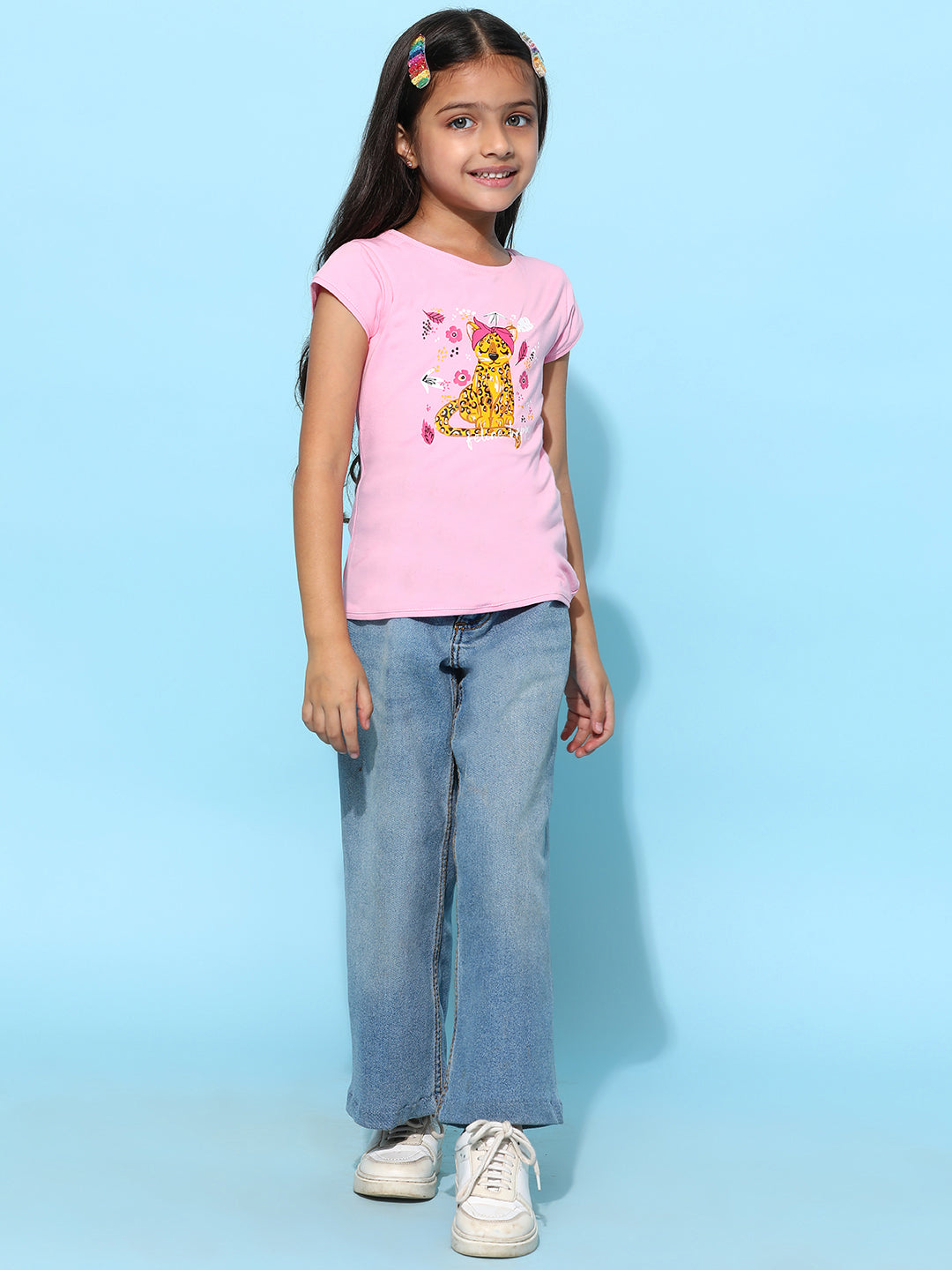 Girls Light Pink Lycra Printed Regular Fit T-shirt